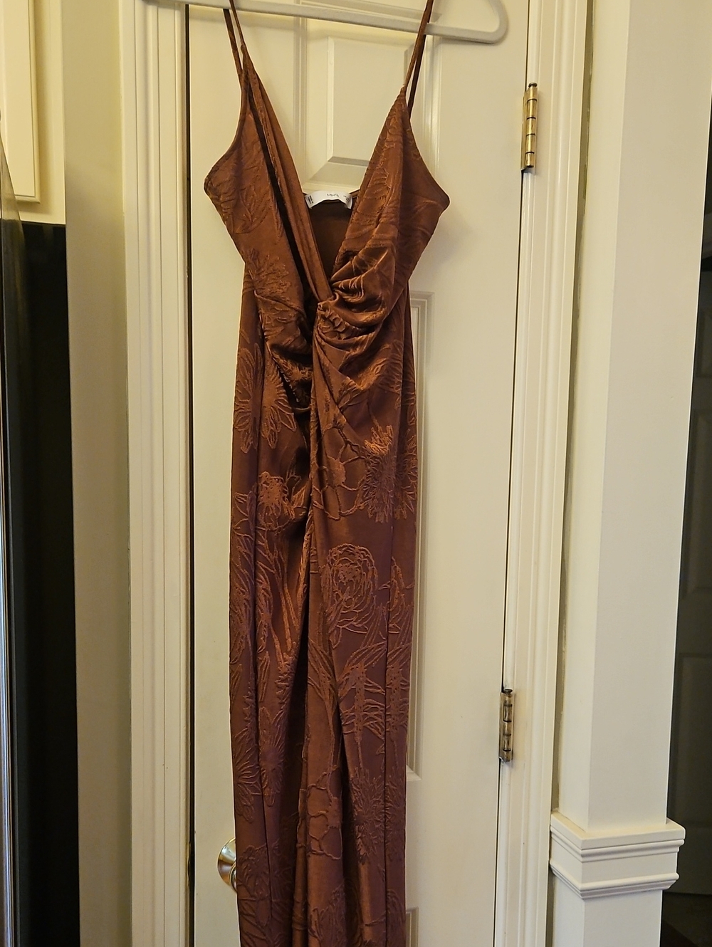 MNG Women’s Brown Floral Satin Slip Dress with Twist Front